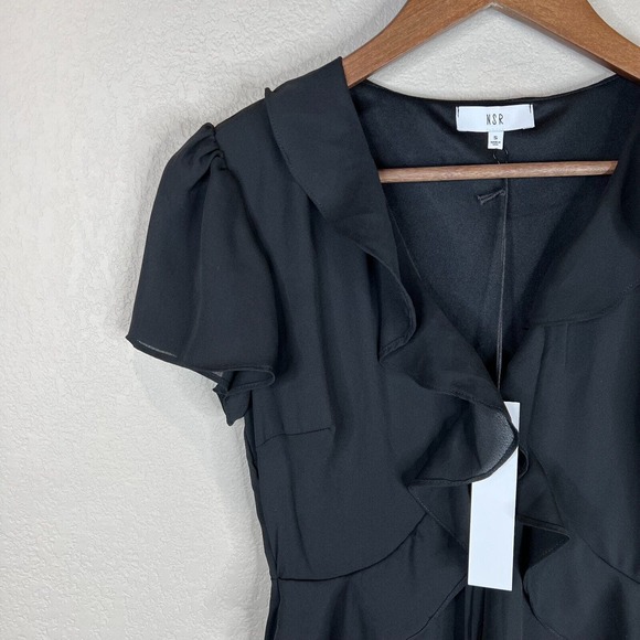 NSR Cheri Dress Size Small Black Short Sleeve Ruffle Trim Chiffon V Neck USA NWT - Picture 2 of 12